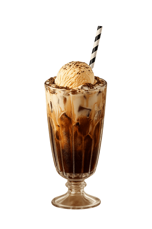 Schokoladen-Milchshake in einem hohen Glas mit Schlagsahne, Schokosauce und einem gestreiften Strohhalm.