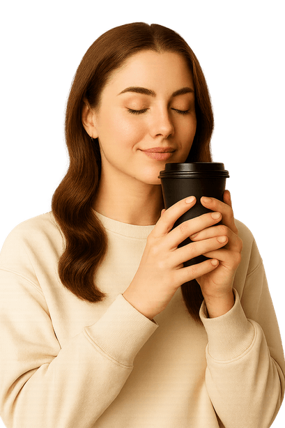 Eine lächelnde Frau mit geschlossenen Augen hält einen schwarzen Coffee-to-go-Becher und genießt das Aroma.