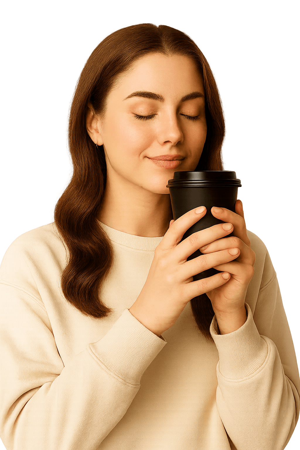 Eine lächelnde Frau mit geschlossenen Augen hält einen schwarzen Coffee-to-go-Becher und genießt das Aroma.